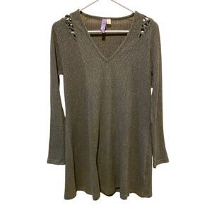 Francescas Alya Tunic Sweater Mini Dress Small Olive Green Ribbed Boho Lagenlook